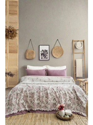 Layan Home 4 Katlı %100 Pamuk Müslin Çift Kişilik Yatak Örtüsü & Pike – Gül Desen