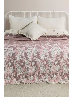 Layan Home 4 Katlı %100 Pamuk Müslin Çift Kişilik Yatak Örtüsü & Pike – Sakura Çiçeği