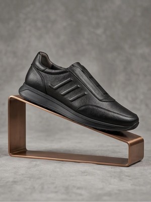 Büyük Beden Siyah Hakiki Deri Özel Seri Bağcıksız Kolay Giyim Günlük Erkek Sneaker