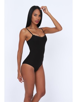 Obje Kadın Siyah Cotton Ip Askılı Dantelli Çıtçıtlı Body