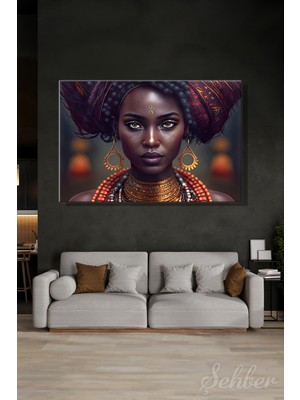 Şehber Yatay Tekli Kanvas Tablo Modern Salon Mutfak Yatak Odası Ofis Yapay Zeka Afrikalı Kadın Portre 778