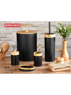 Baroness Ahşap Detaylı Plastik Siyah Banyo Seti 5'li