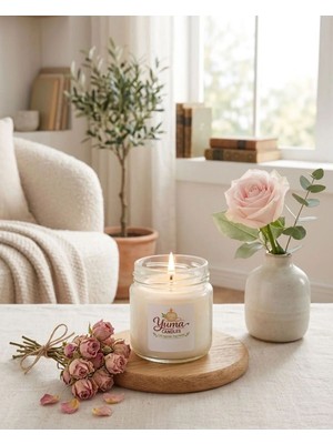 Yümanın Yumağı Gül Kokulu %100 Soya Wax 100CC Kapaklı Cam Kavanoz Mum