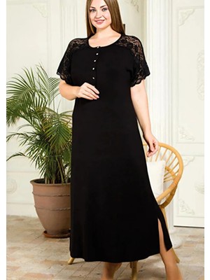 Lady Viskon Kumaş Omuzlar Dantelli Kısa Kollu Anne Elbise Gecelik Battal 7226
