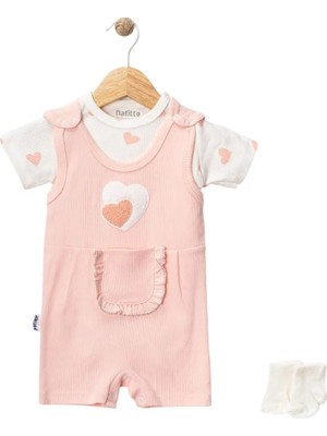 Nafitto Kız Bebek Kalp Desenli 3'lü Salopet Takım - %100 Pamuklu Yazlık Body, Salopet ve Çorap Seti