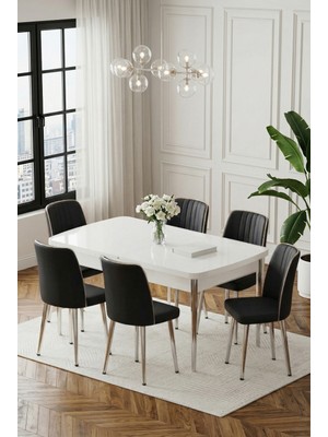 Deren Home Ada Gümüş Serisi 80X132 Açılabilir Masa +6 Adet Silinebilir Sandalye Metal Ayaklı Masa Takımı