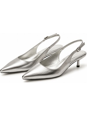 Patron Shoes Hakiki Deri 4 cm Topuklu Sivri Burun Kadın Ayakkabı Ayarlanabilir Arka Bantlı Günlük ve Klasik