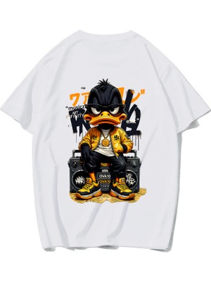 Brz Collection Unisex Oversize Arka Baskılı Duck T-Shirt (Beyaz)
