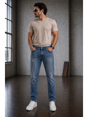 Connemara Erkek Slim Fit Likralı Açık Mavi Jean Pantolon Destroy Detaylı Esnek Denim
