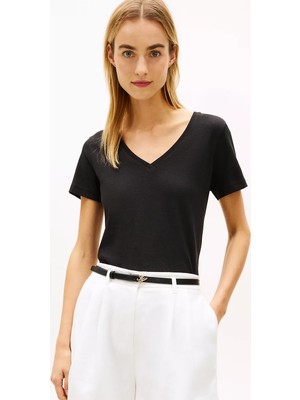 Tommy Hilfiger Kadın Normal Kalıp V Yaka Kısa Kollu Siyah T-Shirt WW0WW48704-BDS