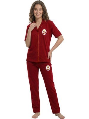 Galatasaray Orijinal Lisanslı Kadın Düğmeli Kare Yaka Pijama Takım