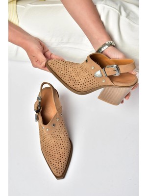 Fox Shoes Y654329102 Vizon Hakiki Deri Süet Zımba Detaylı Western Topuklu Ayakkabı