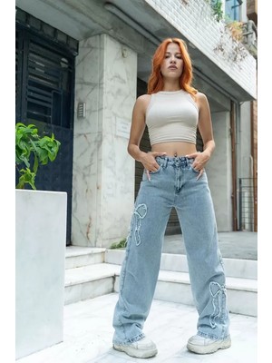 Naturion Kurdele Parçalı Mavi Yıkamalı Baggy Jean