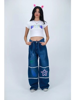 Naturion Artistic Vibes Nakışlı Mavi Baggy Jean