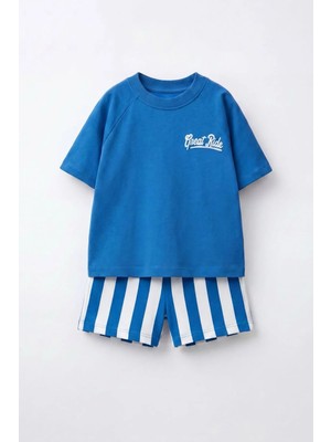 Monila Erkek Çocuk Pamuklu Lacivert T-Shirt ve Çizgili Şort Alt Üst Takım