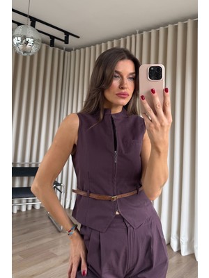 Sue Store Mürdüm Fermuarlı Kemerli Yelek Pantolon Takım