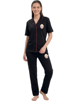 Galatasaray Orijinal Lisanslı Kadın Düğmeli Kare Yaka Pijama Takım