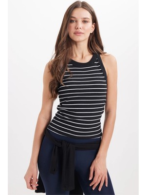 Tudors Kadın Slim Fit Dar Kesim Pamuklu Askılı Bisiklet Yaka Çizgili Siyah Crop Atlet
