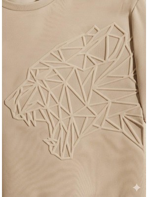 Afri Erkek Sütlü Kahve Gofre Baskılı Geometrik Kaplan Tişört | Tam Kalıp Bisiklet Yaka T-Shirt
