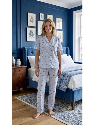 Çağrı Homewear Çağrı 52666 Mavi Çizgili Fiyonklu Boydan Düğmeli Gömlek Pijama Takım