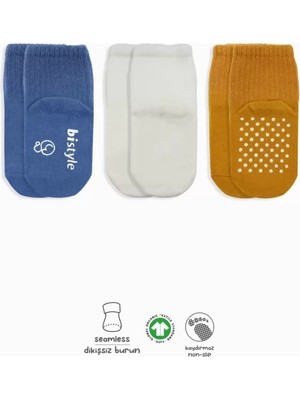 Naturion 3'lü Basic Kaymaz Penye Soket Çorap 10107 Indigo Ekru Hardal