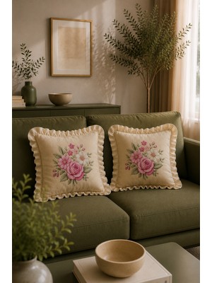 YUNUSOĞLU HOME 2'li Fırfırlı Çiçek Desenli Dekoratif Kırlent Kılıfı %100 Pamuk Organik Boya Baskılı 45X45 cm