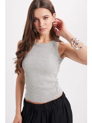 Tudors Kadın Slim Fit Dar Kesim Pamuklu Askılı Bisiklet Yaka Gri Crop Atlet