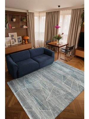 Cotto Home Ipeksi IP012T Lacivert Modern Çizgili Desen Pamuk Taban Dayanaklı Salon Mutfak Halısı Tozu Yok