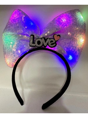 sbodurhome LED Işıklı 3 Farklı Fonksiyonda Yanan Gümüş Love Yazılı Lila Fiyonk Taç 20X17 cm