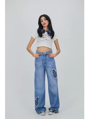 Naturion Butterfly Patch Mavi Baggy Jean