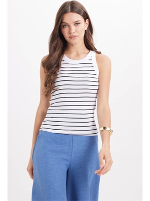 Tudors Kadın Slim Fit Dar Kesim Pamuklu Askılı Bisiklet Yaka Çizgili Beyaz Crop Atlet