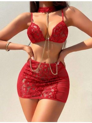 Bemy Store Kırmızı Transparan Dantel Işlemeli Zincir Detaylı Fantezi Takım