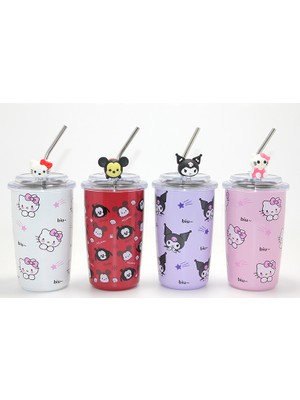 sbodurhome Sanrio Hello Kitty ve Kuromi Figürlü Isı Muhafazalı Metal Pipetli Çelik Kupa