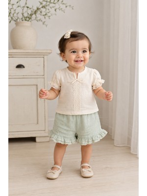 Gültekin Bebe Kardelya Kız Dantelli Müslin Kumaş Şortlu Ikili Takım 6-18 Aylık - DÜ1731290 - Su Yeşili