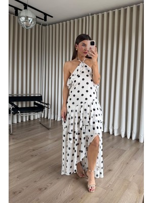 Sue Store Ekru Siyah Puantiyeli Sırt Dekolteli Boyundan Bağlamalı Astarlı Şifon Elbise