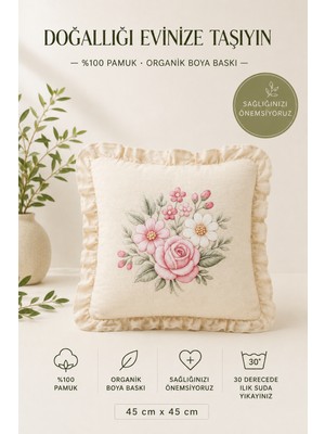 YUNUSOĞLU HOME Fırfırlı Çiçek Desenli Dekoratif Kırlent Kılıfı %100 Pamuk Organik Boya Baskılı 45X45 cm