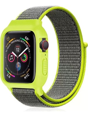 Naturion Newface Apple Watch 42MM Hasırlı Cırtcırtlı Kasalı Kordon - Yeşil