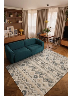 Cotto Home Ipeksi IP020T Lacivert Bej Geometrik Desen Pamuk Taban Dayanaklı Salon Mutfak Halısı Tozu Yok