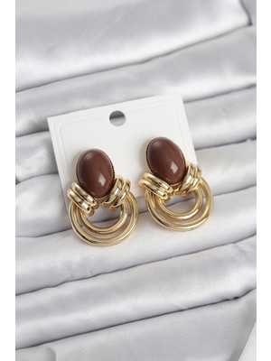sbodurhome Pirinç Gold Renk Kahverengi Taşlı Vintage Kadın Küpe