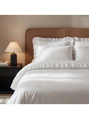Ecocotton Nare Çift Kişilik Nevresim Takımı %100 Organik Pamuk Perkal Nakışlı Çerçeveli Krem 200X220 cm