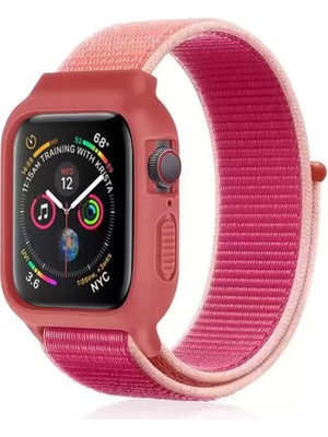 Naturion Newface Apple Watch 38MM Hasırlı Cırtcırtlı Kasalı Kordon - Pudra