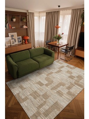 Cotto Home Ipeksi IP016S Krem Kahve Modern Desen Pamuk Taban Dayanaklı Salon Mutfak Halısı Dayanaklı Tozu Yok