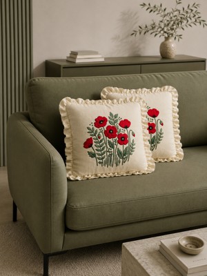 YUNUSOĞLU HOME 2'li Fırfırlı Gelincik Desenli Dekoratif Kırlent Kılıfı %100 Pamuk Organik Boya Baskılı 45X45 cm