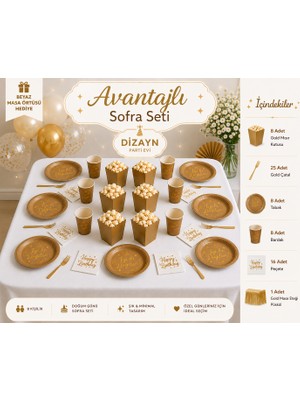Dizayn Parti Evi 8 Kişilik Gold Doğum Günü Sofra Seti Avantajlı Parti Paketi Gold Tabak Bardak Popcorn Kutusu Peçete Çatal Seti  Açıkla