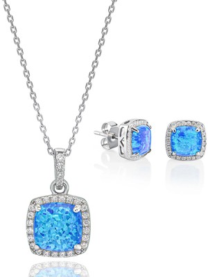 Servi 925 Ayar Gümüş Aqua Opal Taşlı  Set
