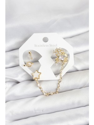 sbodurhome Pirinç Gold Renk Yıldız Model Zincir Bağlantılı Ear Cuff Küpe Seti