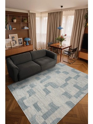 Cotto Home Ipeksi IP016M Krem Mavi Modern Desen Pamuk Taban Dayanaklı Salon Mutfak Halısı Tozu Yok