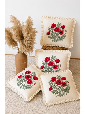 YUNUSOĞLU HOME 4'lü Fırfırlı Gelincik Desenli Dekoratif Kırlent Kılıfı %100 Pamuk Organik Boya Baskılı 45X45 cm