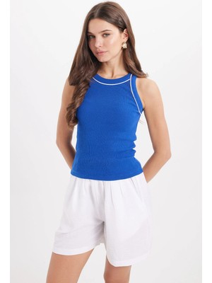 Tudors Kadın Slim Fit Dar Kesim Pamuklu Askılı Bisiklet Yaka Biyeli Saks Mavi Crop Atlet