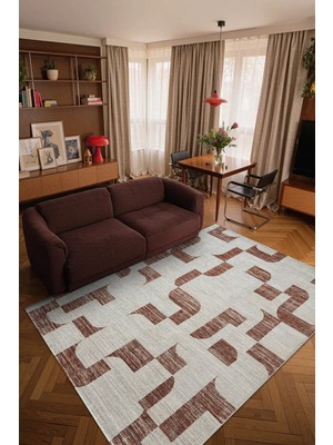 Cotto Home İpeksi IP021K Kiremit Gri Modern Desen Pamuk Taban Dayanaklı Salon Mutfak Halısı Tozu Yok